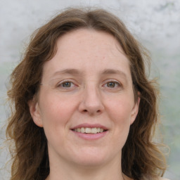 Joyful white adult female with medium  brown hair and blue eyes