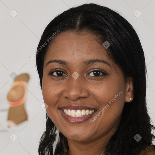 Joyful asian young-adult female with long  brown hair and brown eyes