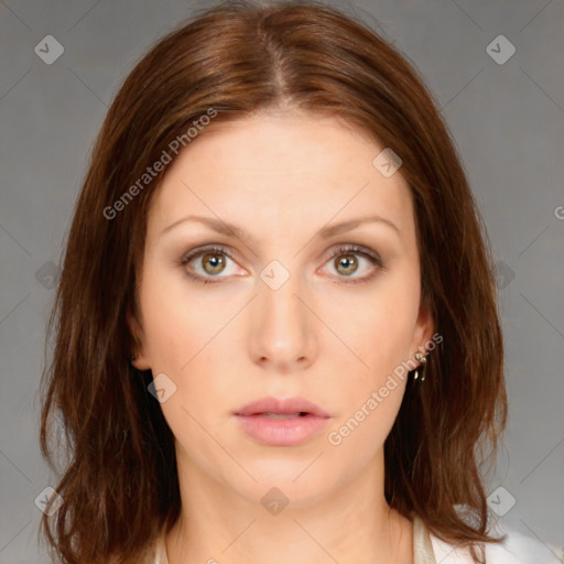 Neutral white young-adult female with medium  brown hair and brown eyes