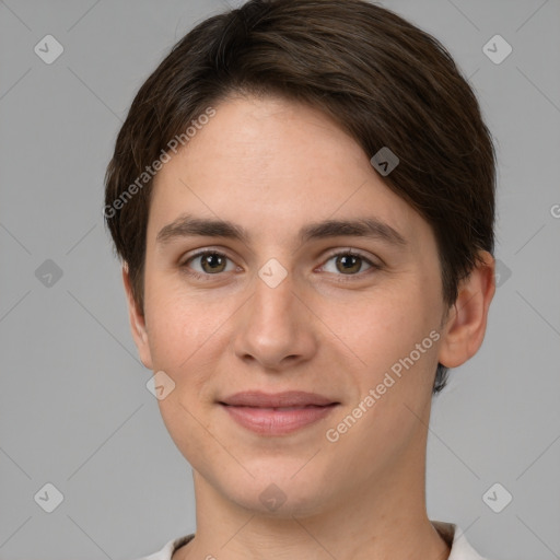 Joyful white young-adult female with short  brown hair and brown eyes