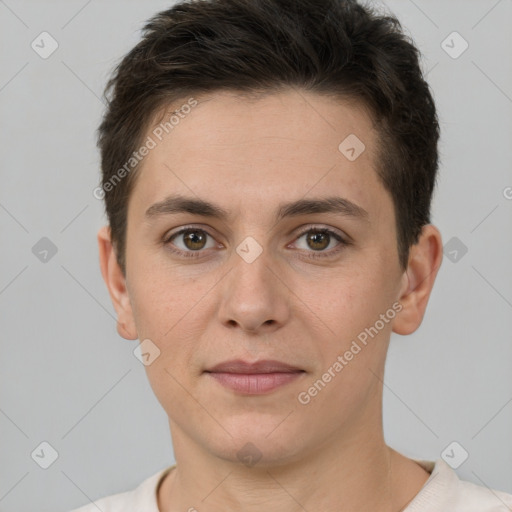 Joyful white young-adult female with short  brown hair and brown eyes