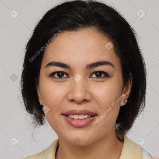 Joyful latino young-adult female with medium  brown hair and brown eyes