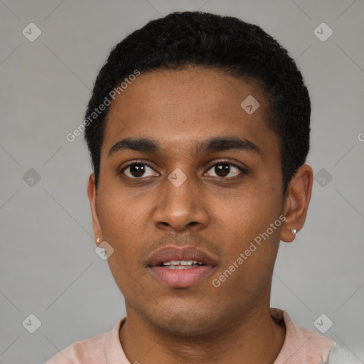 Neutral latino young-adult male with short  black hair and brown eyes