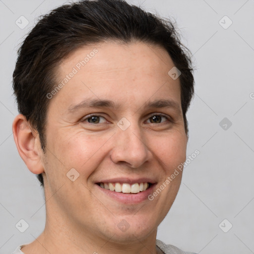 Joyful white young-adult female with short  brown hair and brown eyes