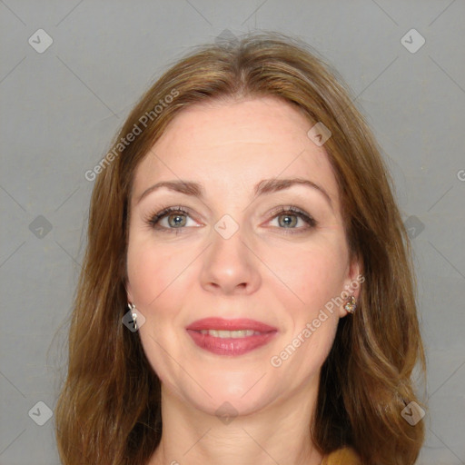 Joyful white young-adult female with medium  brown hair and green eyes