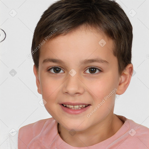 Joyful white child male with short  brown hair and brown eyes