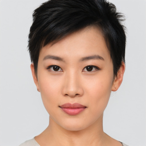 Neutral asian young-adult female with short  brown hair and brown eyes