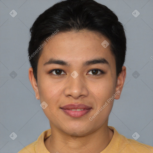 Joyful latino young-adult female with short  brown hair and brown eyes