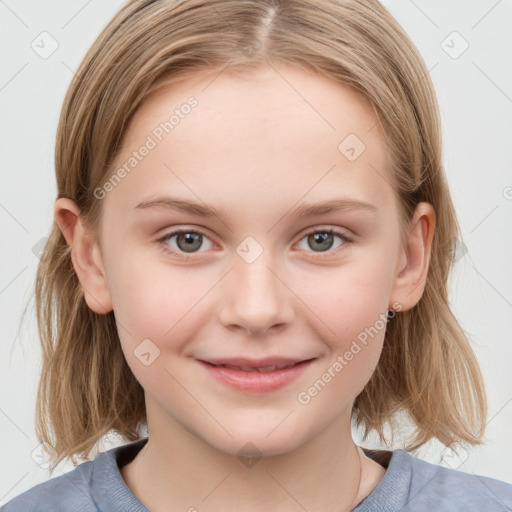 Joyful white child female with medium  brown hair and blue eyes