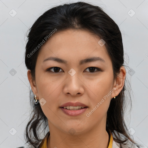 Joyful asian young-adult female with medium  brown hair and brown eyes