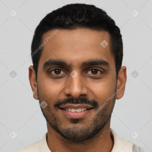 Joyful latino young-adult male with short  black hair and brown eyes