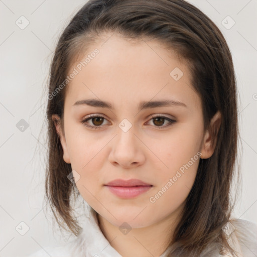 Neutral white young-adult female with medium  brown hair and brown eyes