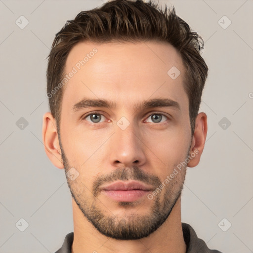 Neutral white young-adult male with short  brown hair and grey eyes