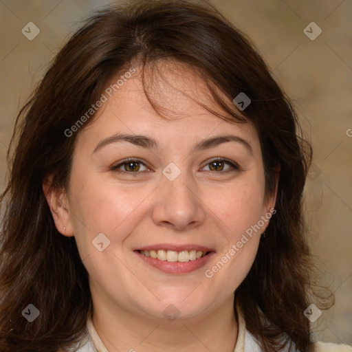 Joyful white adult female with medium  brown hair and brown eyes