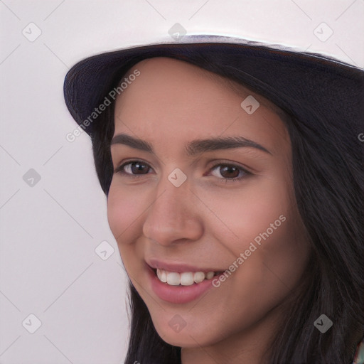 Joyful white young-adult female with long  black hair and brown eyes