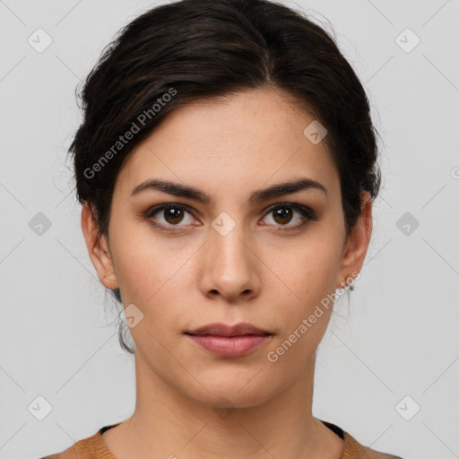 Neutral white young-adult female with short  brown hair and brown eyes