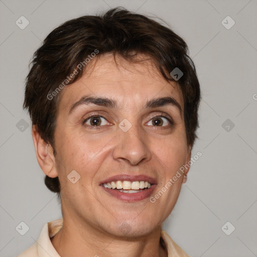 Joyful white adult female with short  brown hair and brown eyes