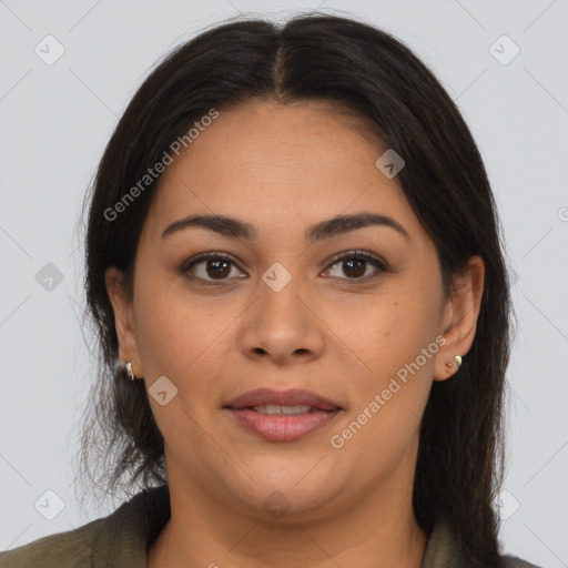 Joyful latino young-adult female with long  brown hair and brown eyes