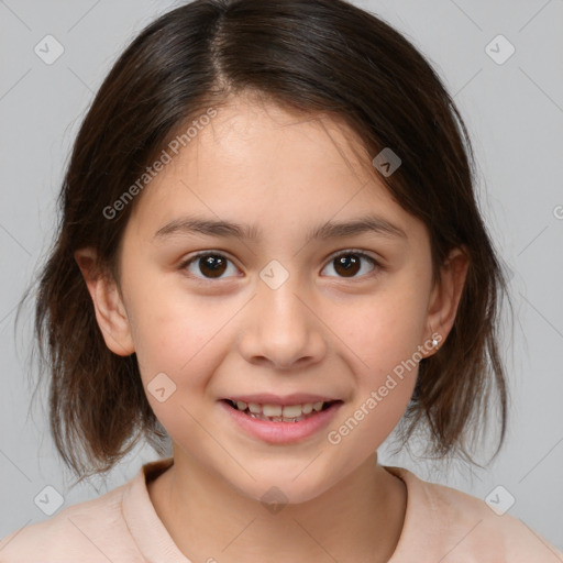 Joyful white child female with medium  brown hair and brown eyes