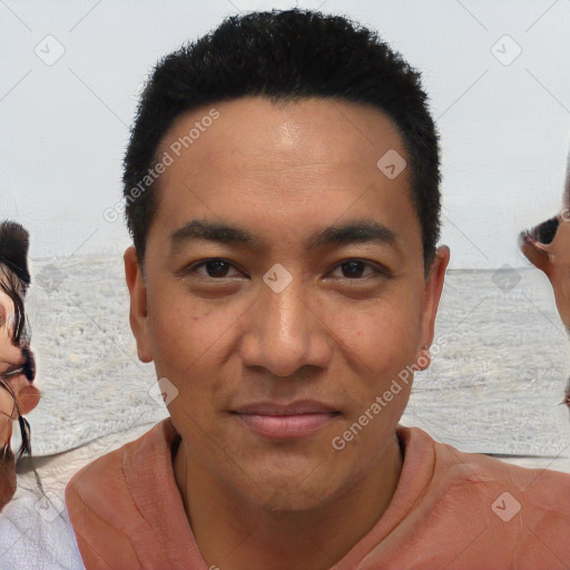 Joyful asian young-adult male with short  black hair and brown eyes