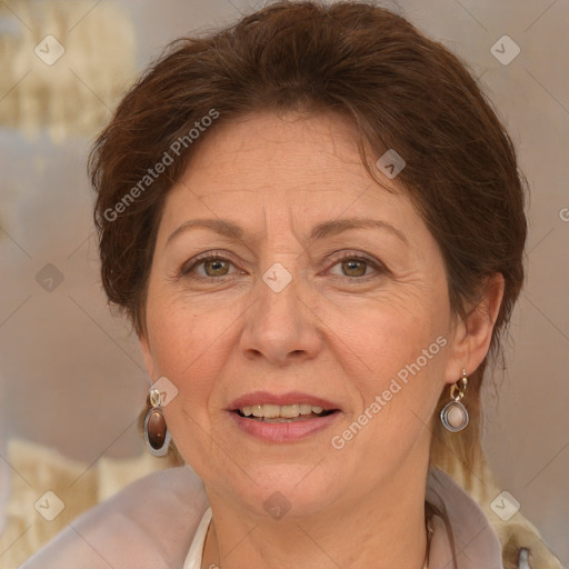 Joyful white middle-aged female with medium  brown hair and brown eyes