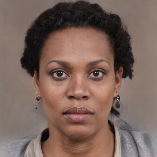 Neutral black young-adult female with short  black hair and brown eyes