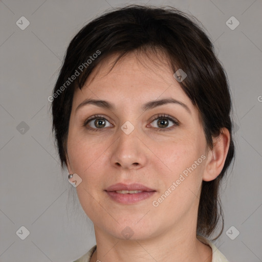 Joyful white young-adult female with medium  brown hair and brown eyes