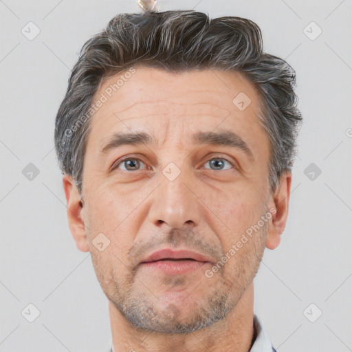 Neutral white adult male with short  brown hair and brown eyes