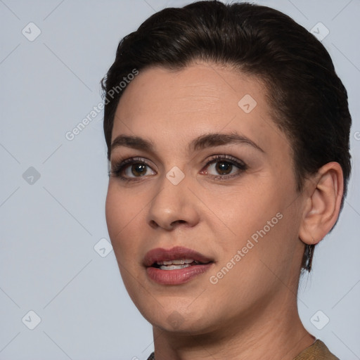 Joyful white young-adult female with short  brown hair and brown eyes