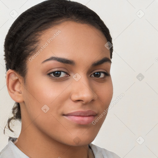 Joyful latino young-adult female with short  brown hair and brown eyes