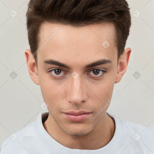 Neutral white young-adult male with short  brown hair and brown eyes