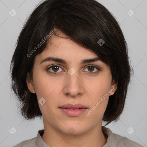 Neutral white young-adult female with medium  brown hair and brown eyes