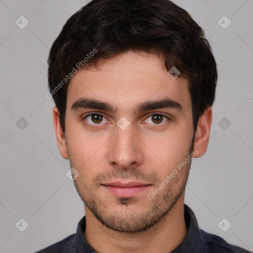 Neutral white young-adult male with short  brown hair and brown eyes