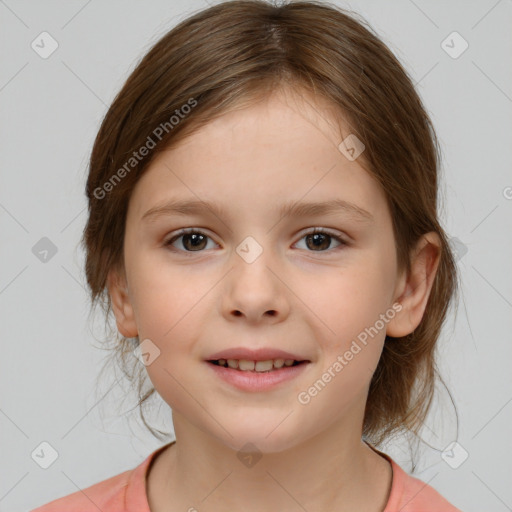 Joyful white child female with medium  brown hair and brown eyes