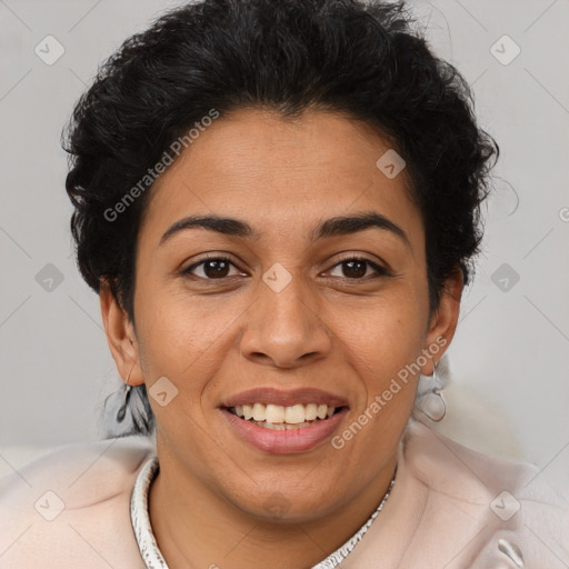 Joyful latino young-adult female with short  brown hair and brown eyes