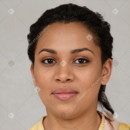 Joyful latino young-adult female with short  brown hair and brown eyes