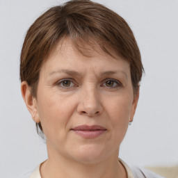 Joyful white adult female with short  brown hair and grey eyes