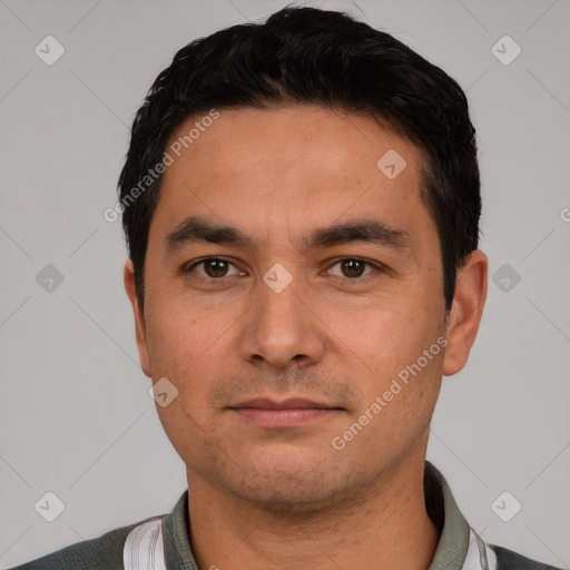 Neutral white young-adult male with short  black hair and brown eyes