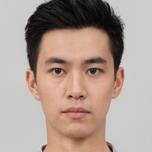 Neutral asian young-adult male with short  black hair and brown eyes