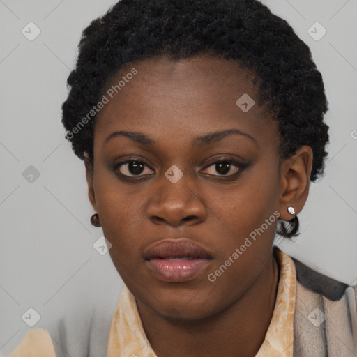 Neutral black young-adult female with short  black hair and brown eyes