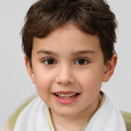 Joyful white child female with short  brown hair and brown eyes