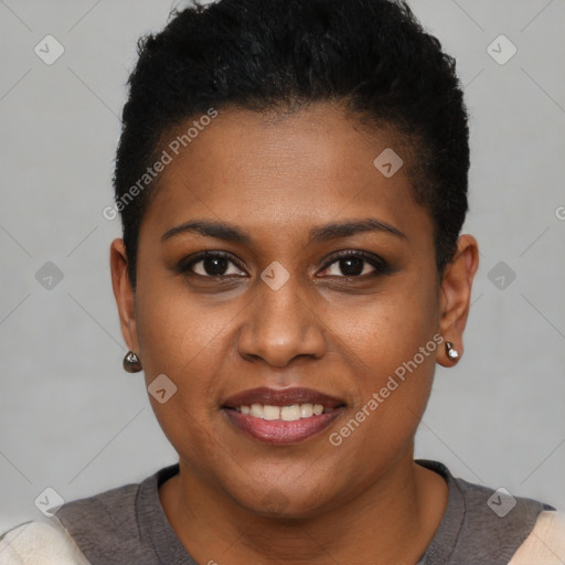 Joyful black young-adult female with short  brown hair and brown eyes