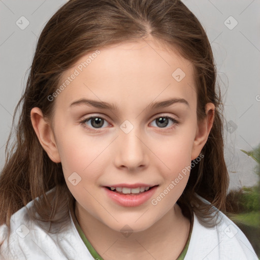 Joyful white child female with medium  brown hair and brown eyes