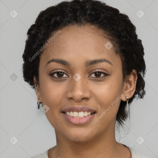 Joyful latino young-adult female with short  black hair and brown eyes