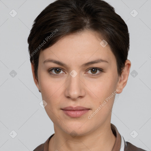 Neutral white young-adult female with short  brown hair and brown eyes