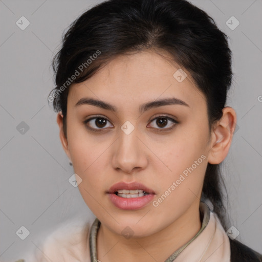 Neutral white young-adult female with medium  brown hair and brown eyes