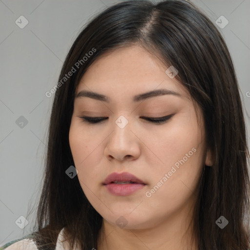 Neutral white young-adult female with long  brown hair and brown eyes