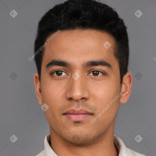 Neutral latino young-adult male with short  black hair and brown eyes