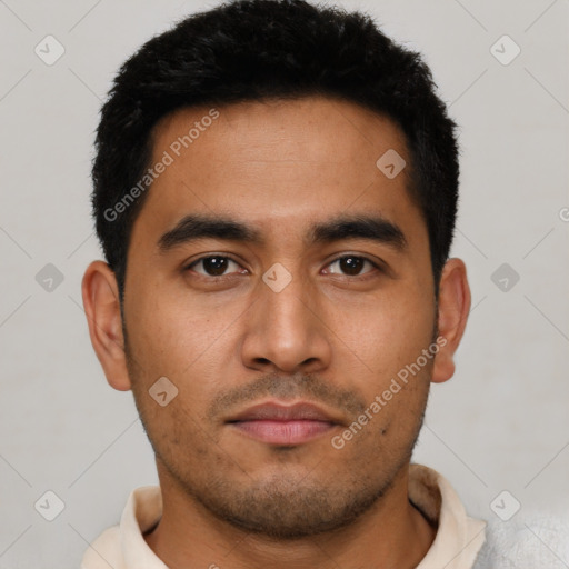 Neutral latino young-adult male with short  black hair and brown eyes