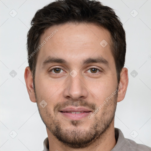 Joyful white young-adult male with short  brown hair and brown eyes